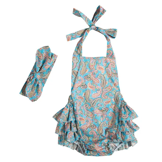 Cute Summer Sleeveless Baby Girls Clothes Halter Bodysuit Jumpsuit Cotton Romper With Headband