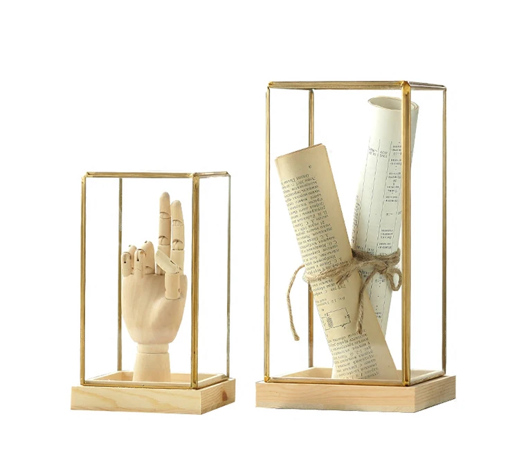 Hot selling Acrylic Desktop Decorative Square Gold Geometric Terrarium With Wooden Base