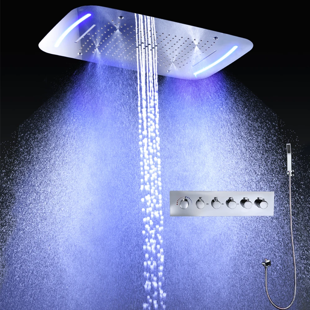 Bathroom Rain Shower Luxury LED 5 Functions Shower Faucets Set Rainfall Waterfall SPA Misty Shower Head With Cold and Hot Valve