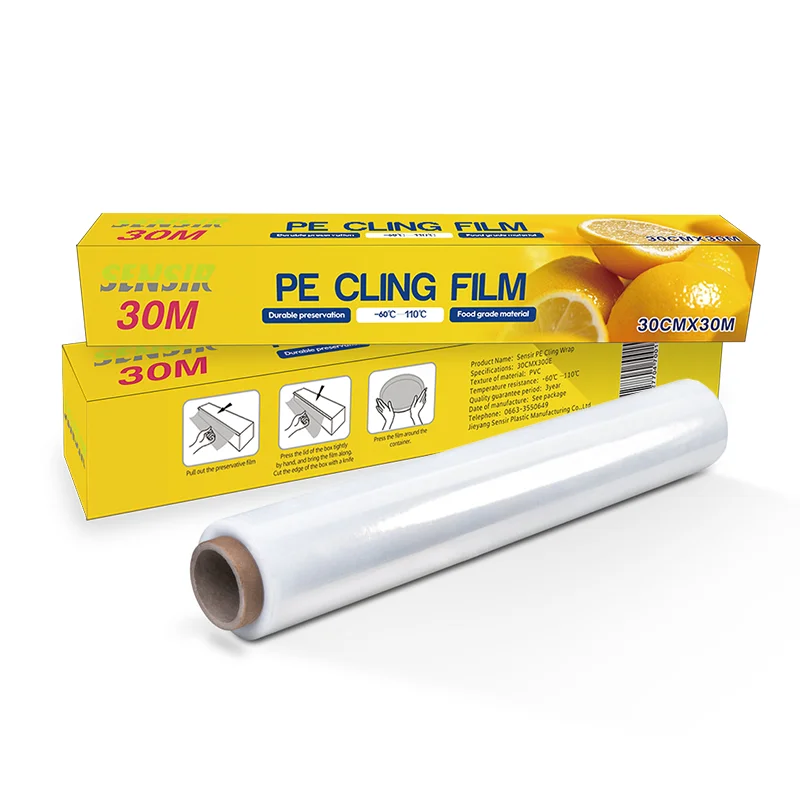 
30cm width*9mic 100% new material PE cling film for food packing with cutter knife wrap 