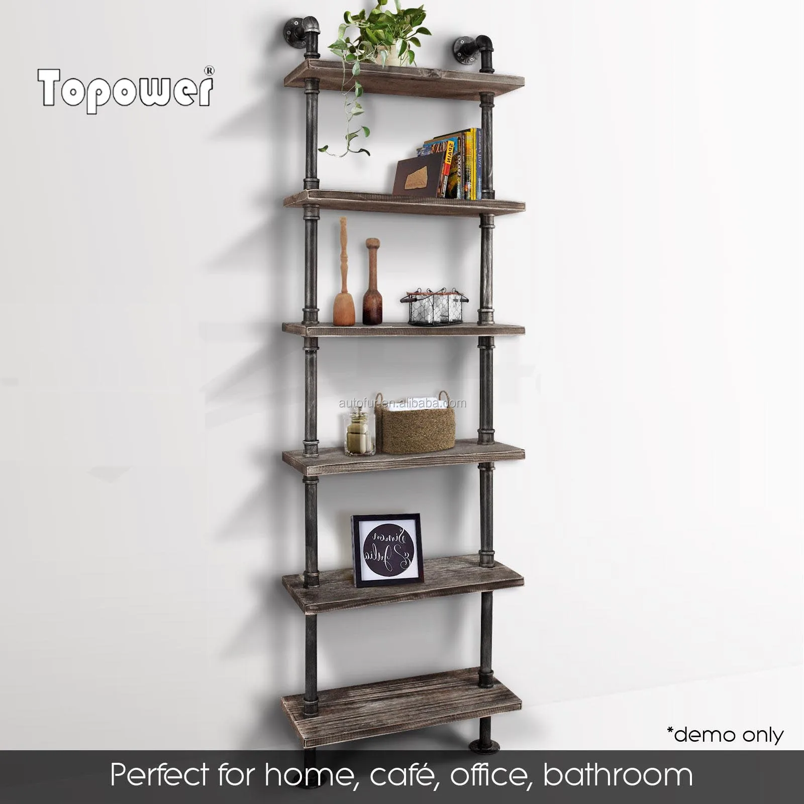 Modern wood ladder wall shelf 6 layer pipe design bookshelf