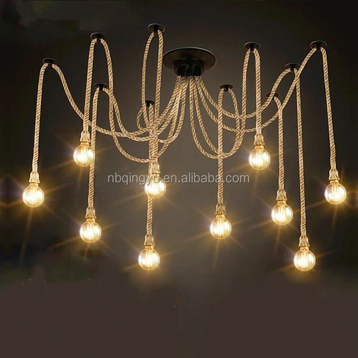 Vintage Hemp Rope Chandelier Antique Classic Adjustable DIY Hanging Spider Lamp Light for Indoor Home