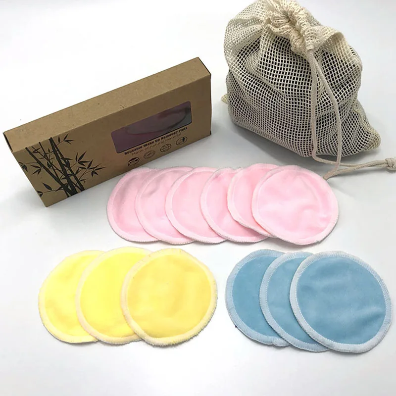 50 Sets Cosmetic Facial Cleansing and Eco-friendly box 14pcs Blue Yellow Pink Cotton Mesh Bag and Eco-friendly box
