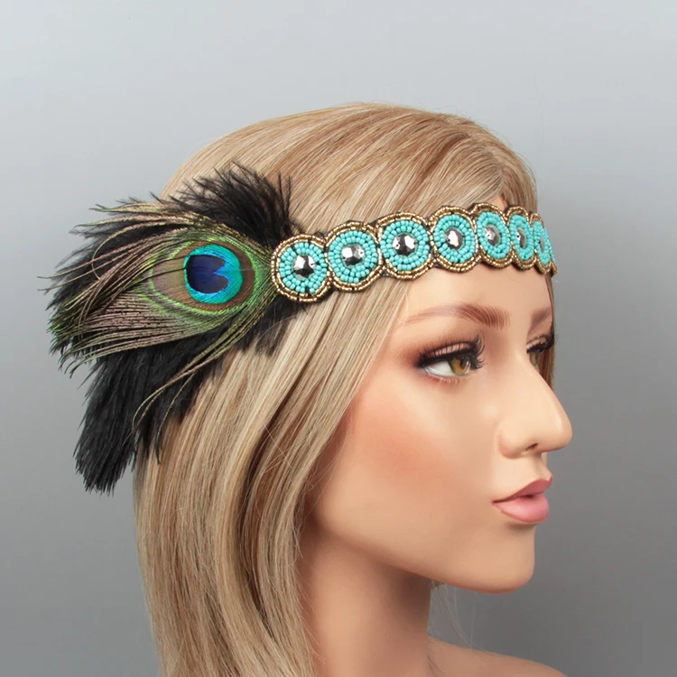 New design style bridal crystal beaded flapper 1920s great gatsby feather carnival headdress