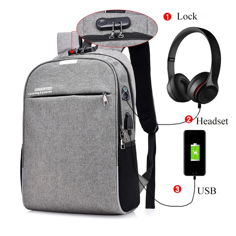 custom 15.6 inch 17 inch  black computer back pack waterproof laptop usb backpack  with coded lock for men