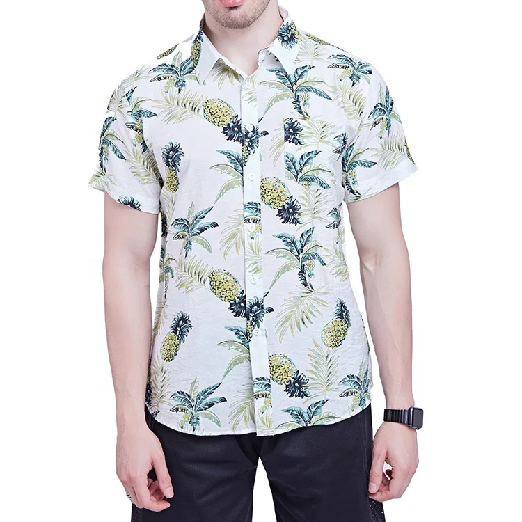 Wholesale men short sleeve white fruit printing beach shirt hawaiian shirts for men 100% cotton