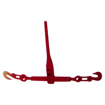 Ratchet type load binder painted red with hook rigging hardware
