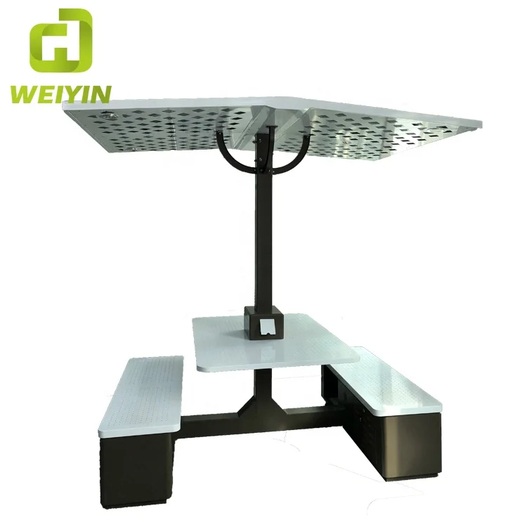 Solar Powered Table Outdoor Smart Furniture Phone Charger and AC grid for Park Communities and Hotels