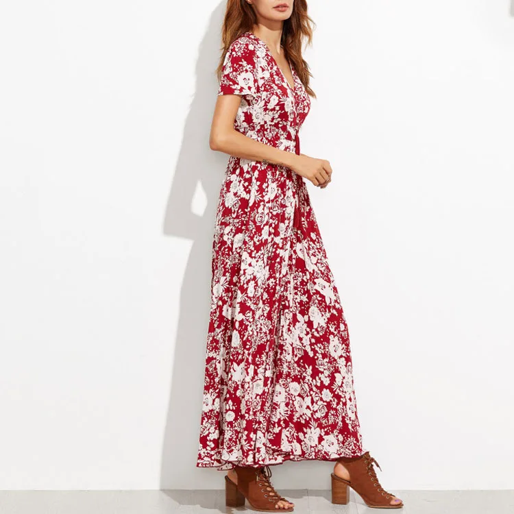 2018 New Fashion Rayon Floral Print Ladies Sexy Summer long Maxi Dress