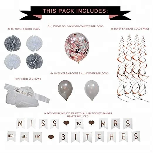 Bachelorette Party Decorations Rose Gold Silver Bridal Shower Supplies Set Bride to Be Banner Sash with Veil and Balloons Kit