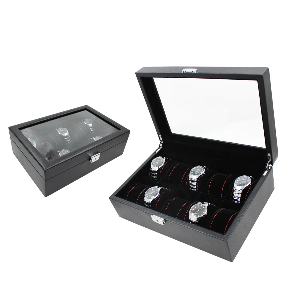 Custom Luxury High End Display Wooden Watch Box Window Carbon fiber 5 slots Watch Box