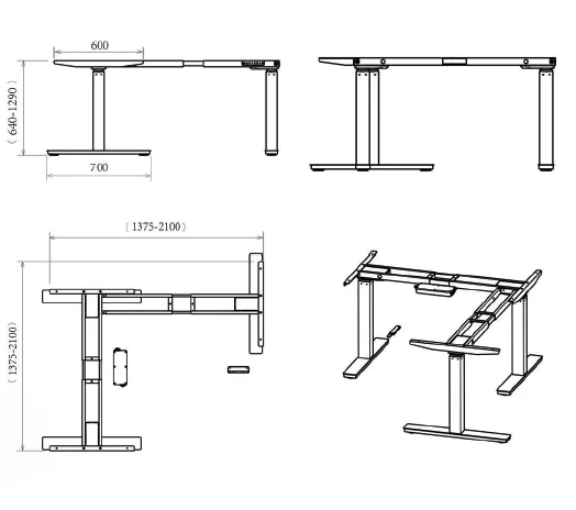 Threel motors three sections 640-1290mm L shape electric height adjustable sit standing up desk