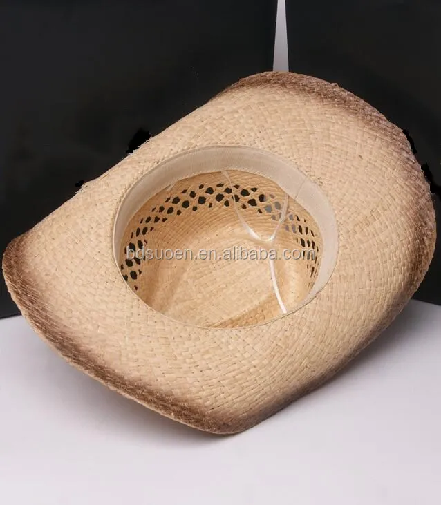 Hollow Design Vintage Print Raffia Straw Cowboy Hat with Fake Leather