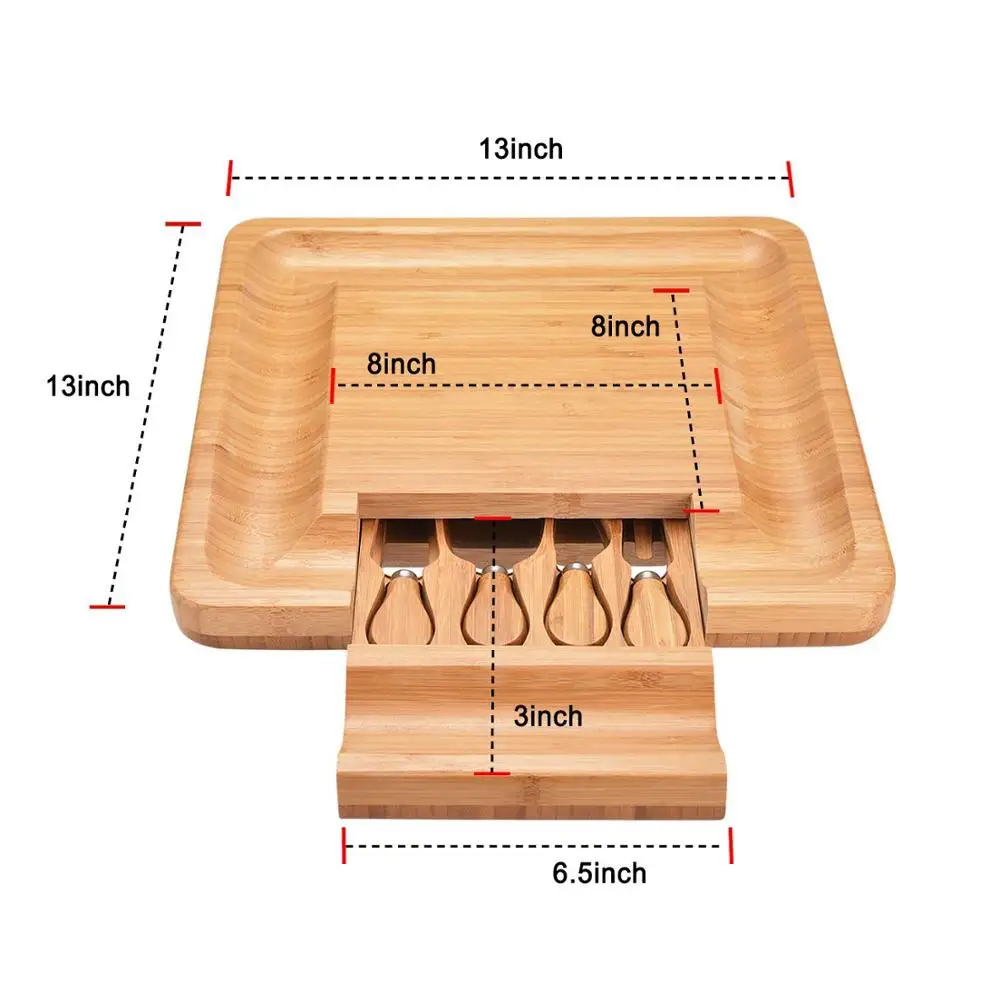 Bamboo Cheese Board and Knife Set, Charcuterie Platter Serving Tray for Wine, Crackers, Brie and Meat