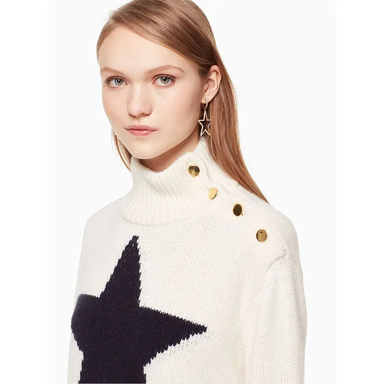Star print short slim women  turtleneck cashmere sweater with button on the neck