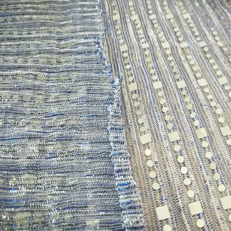 Shiny Blue Silver Metallic Lurex fabric With Line Sequin Spangle for Prom Dress