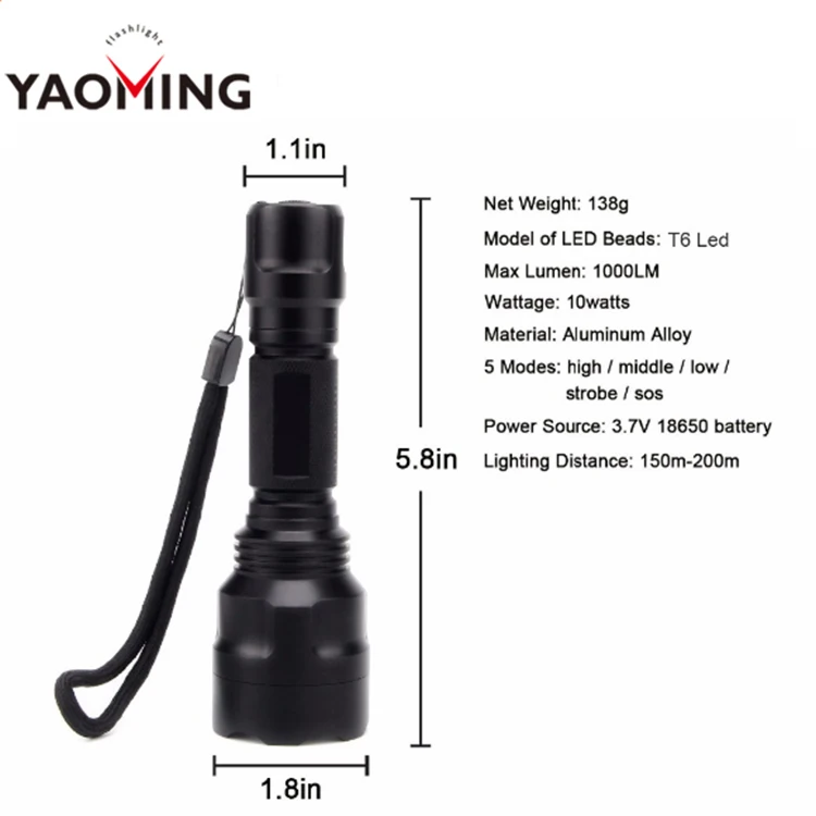 XML-T6 Handheld C8 Aluminum Alloy Body Water Resistant Camping Torch Tactical 1000lm Led Flashlight for Outdoor Sports