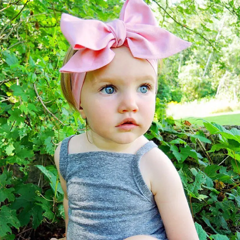 2016 New Children Hair Accessories Fashion Baby Kids Girls Solid Turban Rabbit Ears Headband Big BowKnot