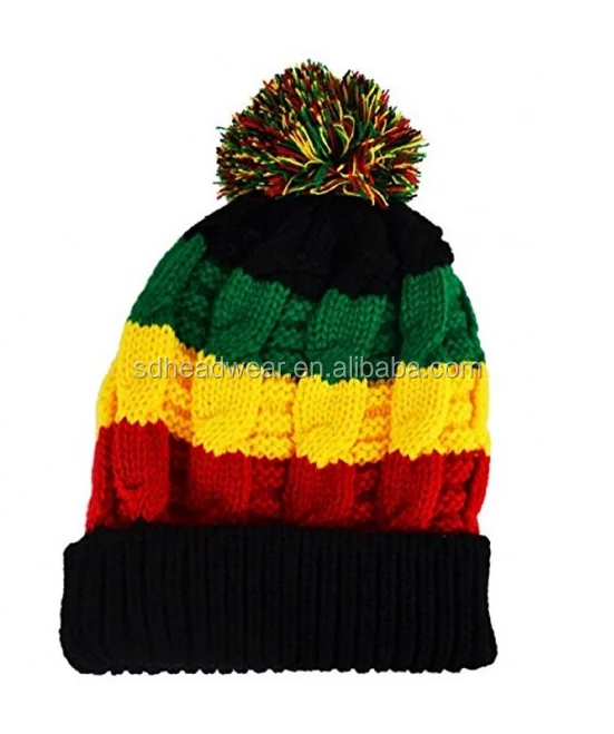 Rasta Beanie Bobble Hat Rasta Colours Black Red Yellow Green Ski Hat Slouch Reggae Hat