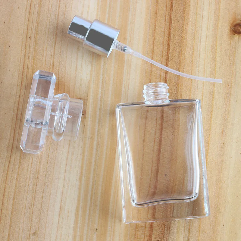 
Luxury cosmetics packaging refillable clear black square perfume glass spray atomizer bottle 30ml 