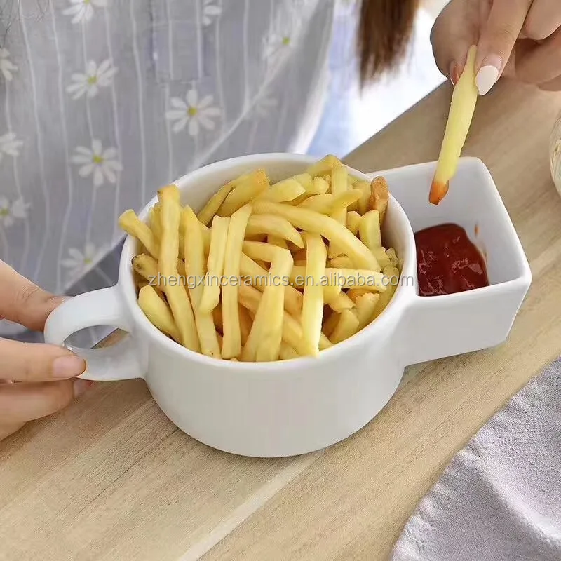 Ceramic Soup And Cracker Mug Pure White Cereal Bowl Veggies Chips French Fries Snack Cup With Sauce Plate