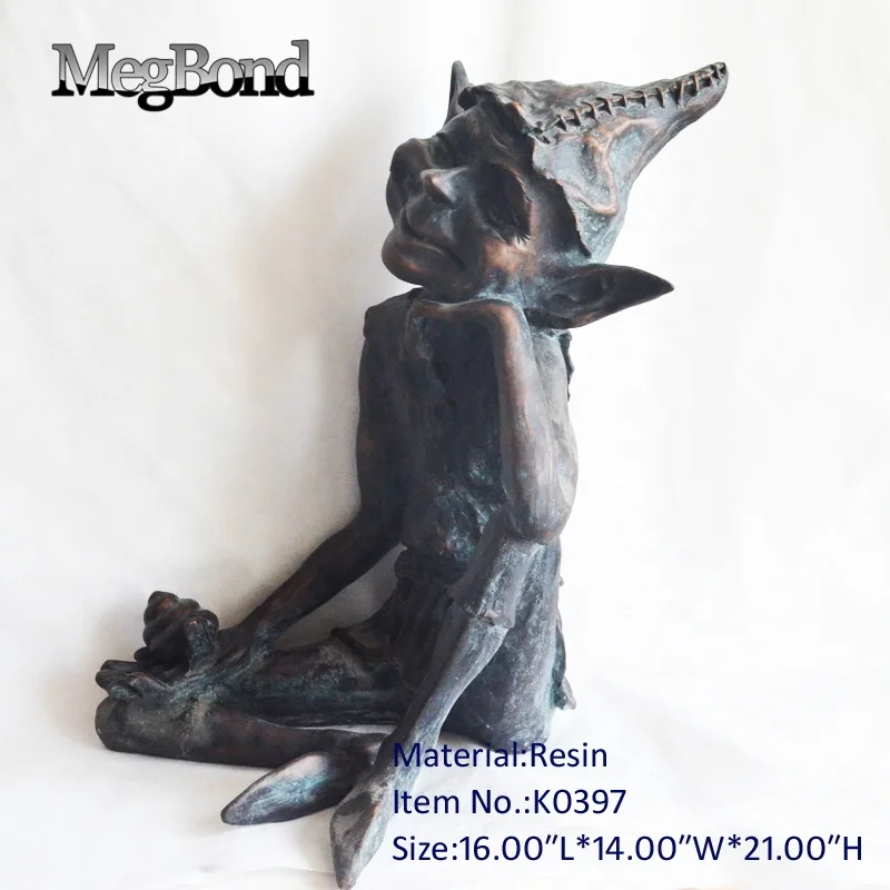 Large Resin sitting gnome garden figurines for decoration,  Antique verdigris garden pixie sculpture