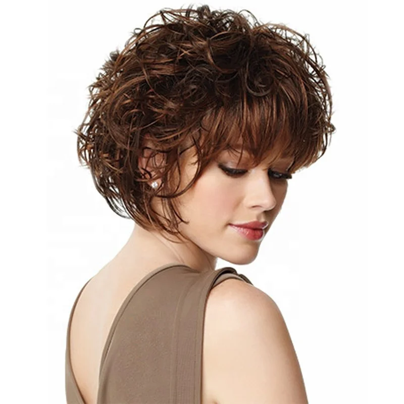 2021 fashion style wig heat resistant  rose net fluffy short roll fluffy wave brown bangs synthetic hair wigs for women