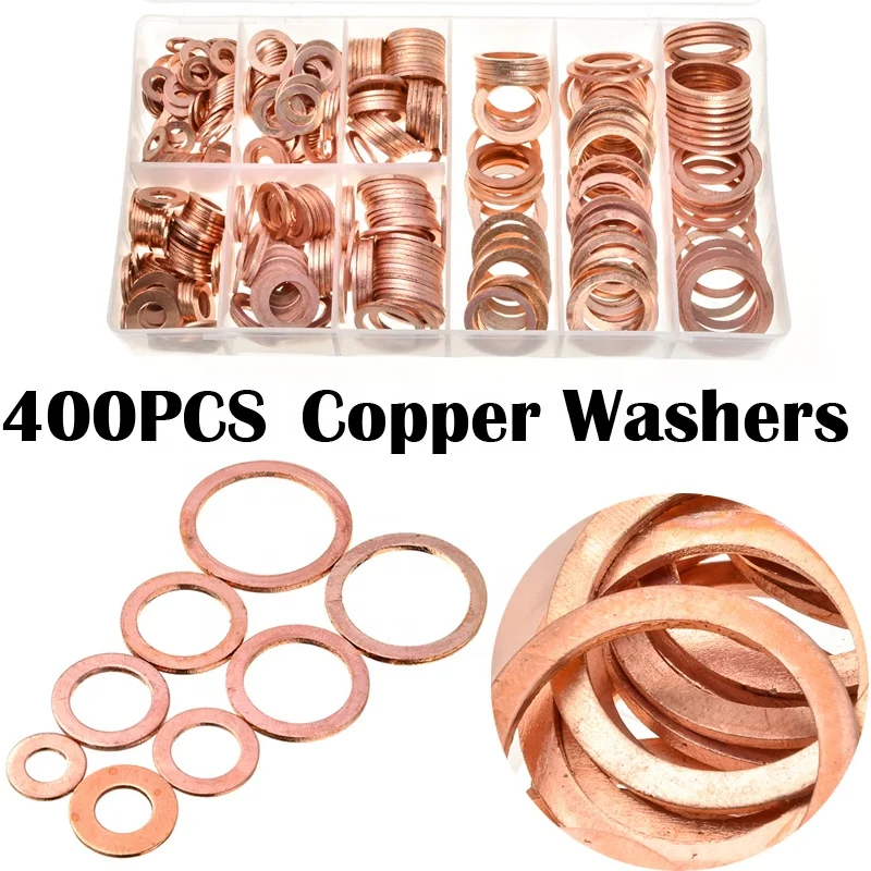 Urlwall 400Pcs Assorted Copper Washer Gasket Set M6-M22 Flat Ring Seal Assortment Kit with Box For Hardware Accessories