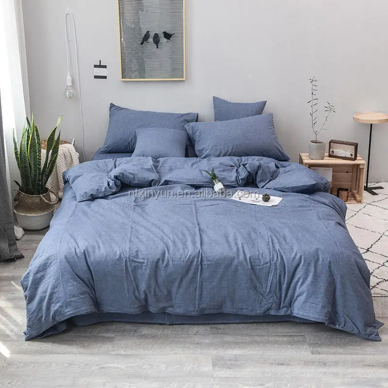 
100% Cotton Washed Yarn Dyed linen fabric Chambray Duvet Cover & Sham Bedding Set 