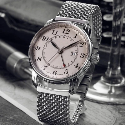 OEM simple double time GMT movt stainless steel mesh strap geneva watches men