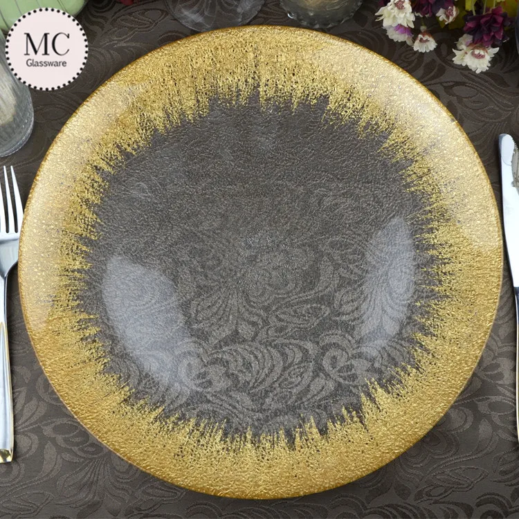 Custom glass silver plate chargers for wedding dinner