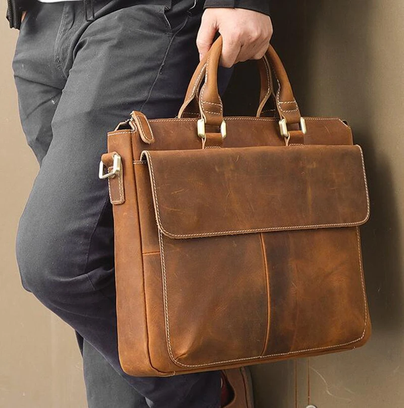 Dreamtop DTC489 classic England style briefcase conference handbag crazy horse leather shoulder bag mens laptop bag 14 inch