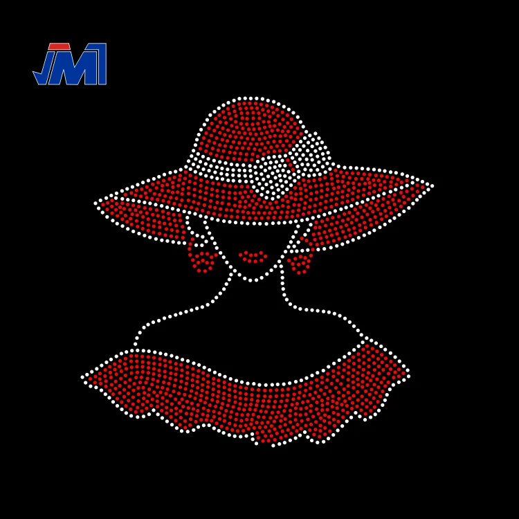 Iron On Sexy Lady and Bow Red Hat Custom Rhinestone Transfer For T-Shirt Wholesale