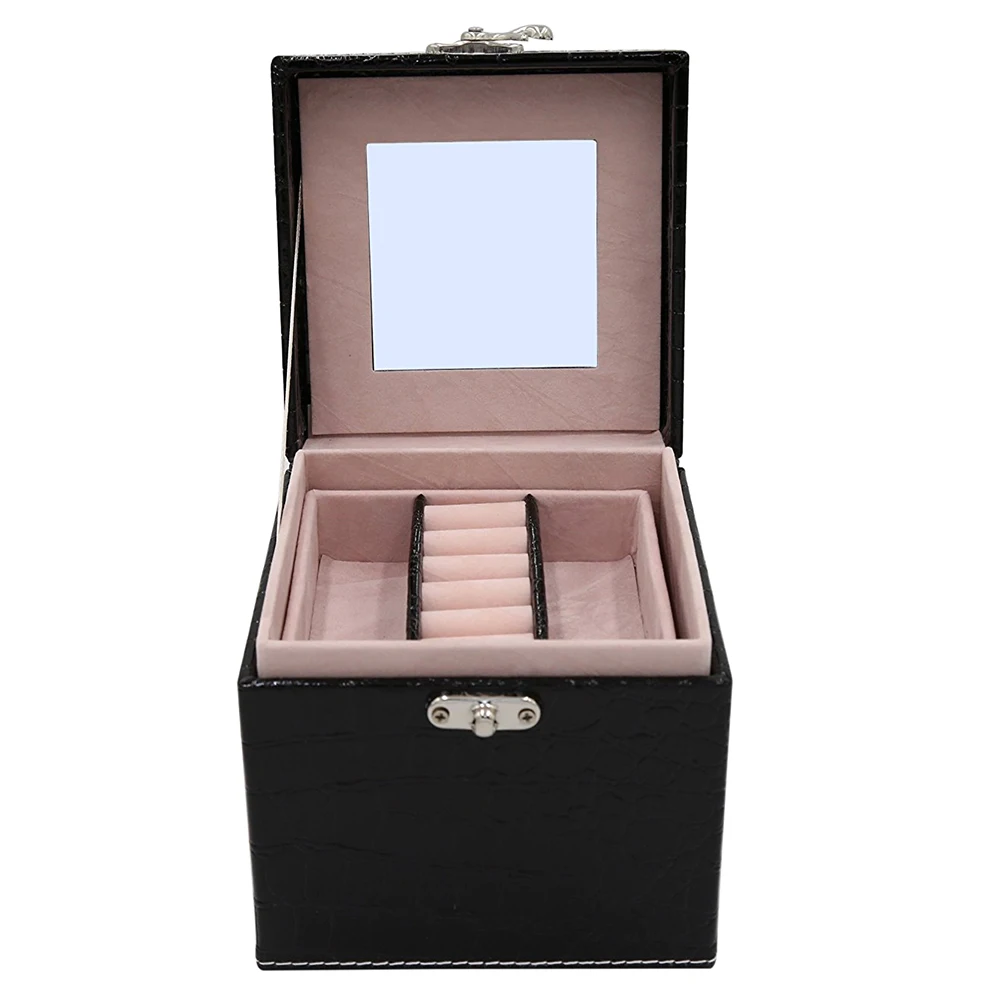 
Crocodile leather 3 layers jewelry box with mirror and hardware handle jewelry organizer 