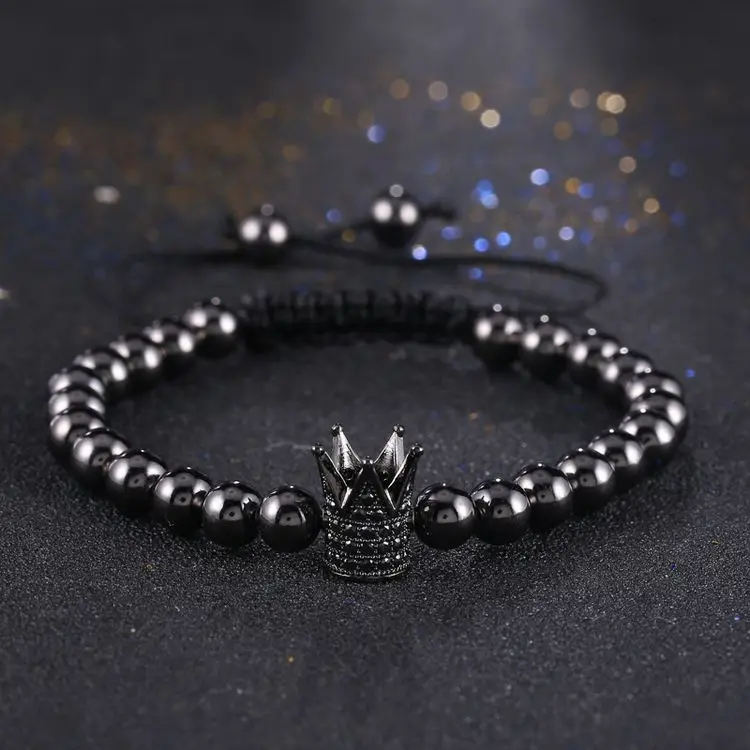 High Quality Hot Selling 18K Gold Plated CZ Mirco Pave Crown Ball Skull Charm Adjustable Bracelet For Men