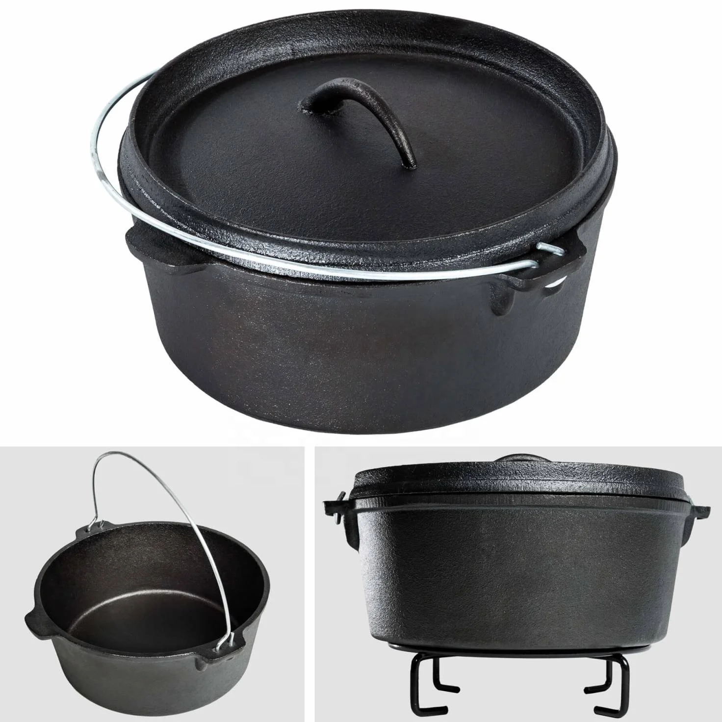Pre-seasoned Outdoor Cast Iron Cookware Set Dutch Oven Sauce Pot Frying Pan and Grill Pan