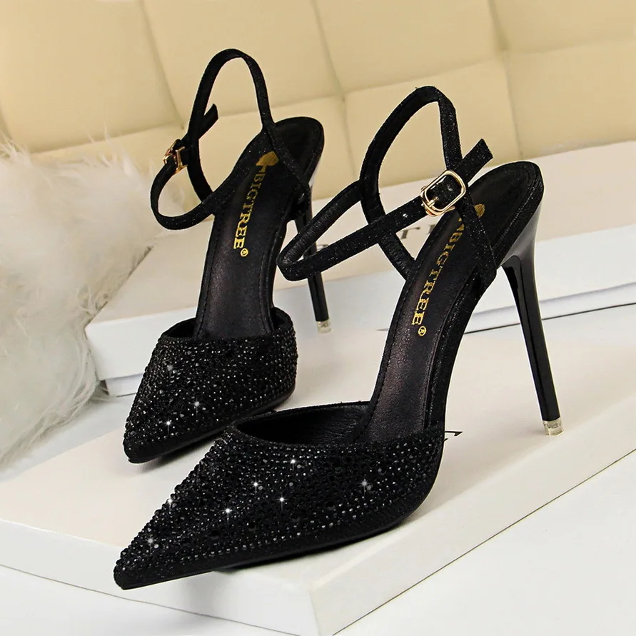 
2019 new factory wholesale price customized small MOQ Crystal PU Upper 10cm women heels ankle strap heels pencil heels 