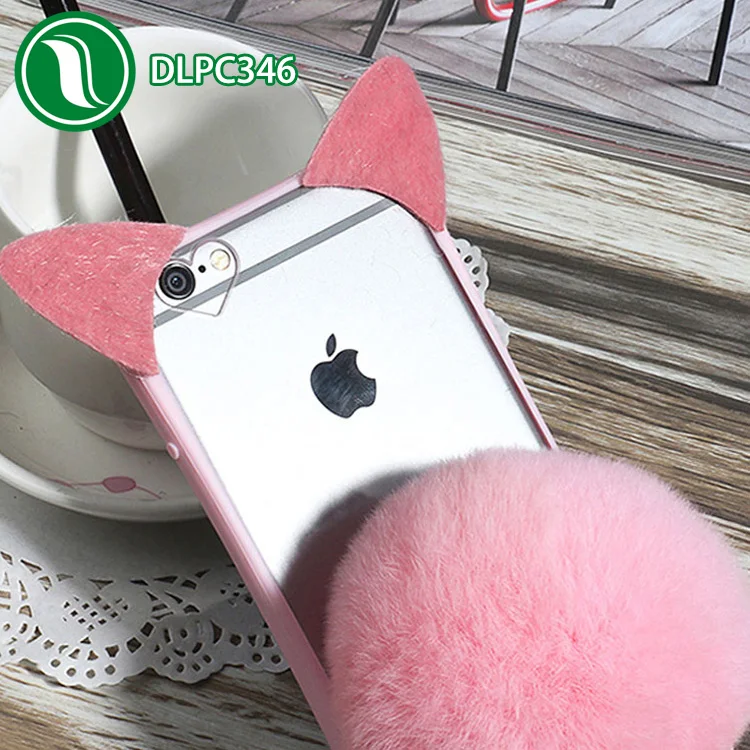 3D Cute Kitty Cat Ear fur case Shockproof Silicone cat shaped ball and tail case plush cat case for iPhone 7