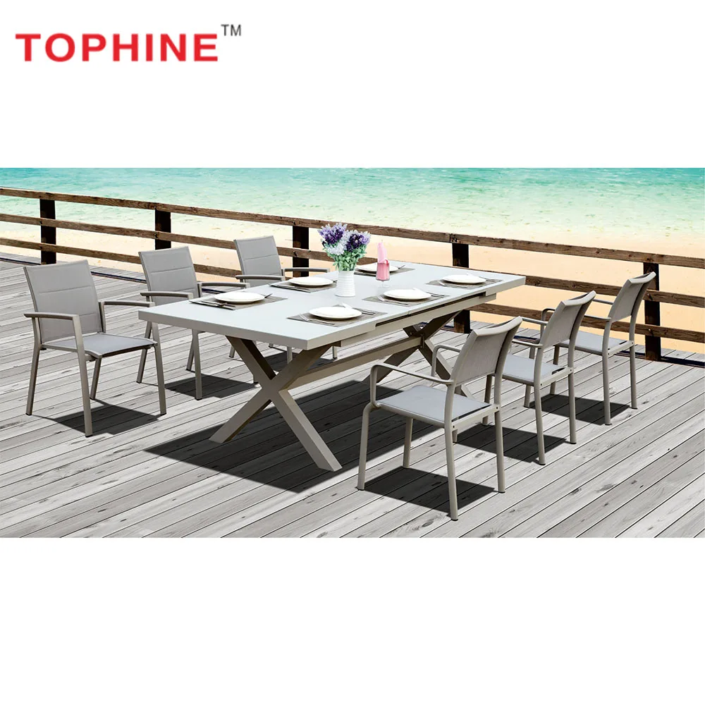 Outdoor furniture aluminum Extendable dining metal table mesh fabric chairs furniture set