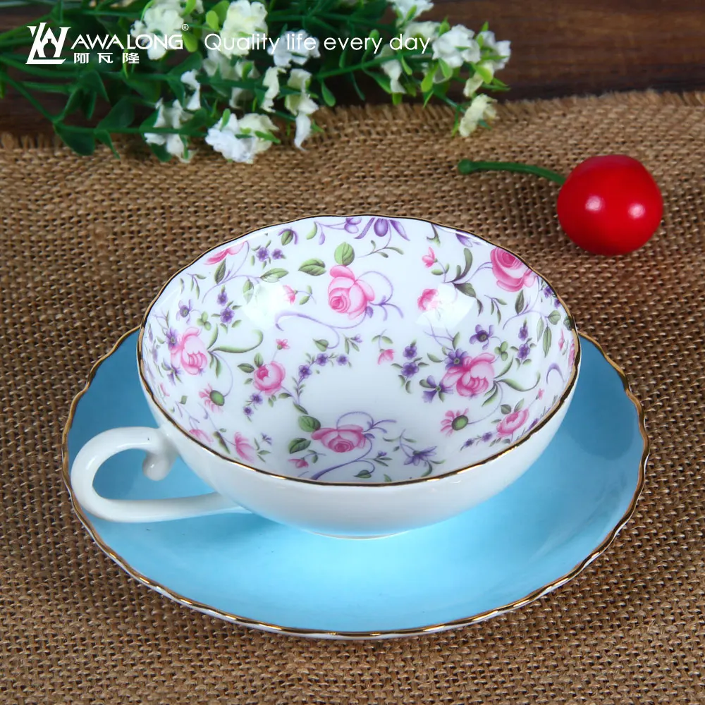 WIde Mouth Hot sale rose inside cups fine ceramic tea cup and saucer set