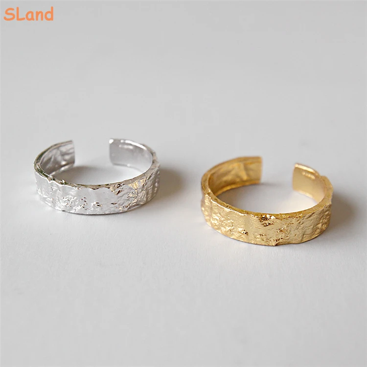 SLand Jewelry Manufacturer Low MOQ wholesale Rhodium and Gold plating hammered Texture 925 sterling silver resizeable rings
