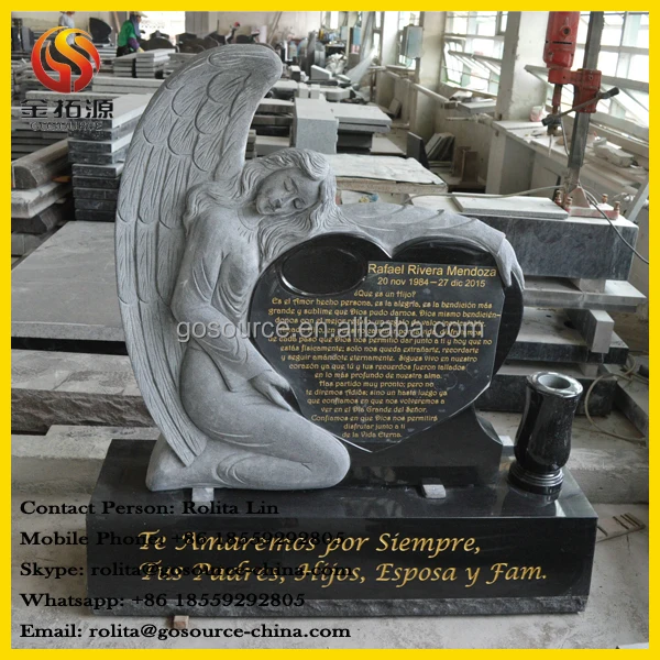 High Quality Black Granite Weeping Angel Heart Statue Monument