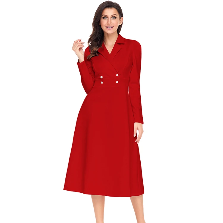
Hot selling Ladies Vintage Button Collared Fit-and-flare Office Dress 