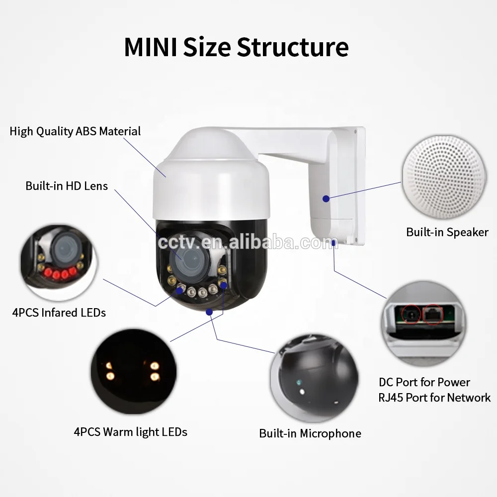 
Outdoor Mini 5MP PTZ Speed Dome IP Camera 1080P POE 4X Zoom Dual Light Starlight Color night IR 50m 2 Way Audio Humanoid Detecti 