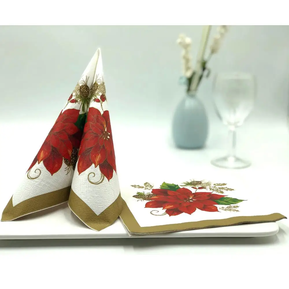 Decorative Decoupage Custom Christmas Flower Printed Paper Napkins & Serviettes For Christmas Dinner