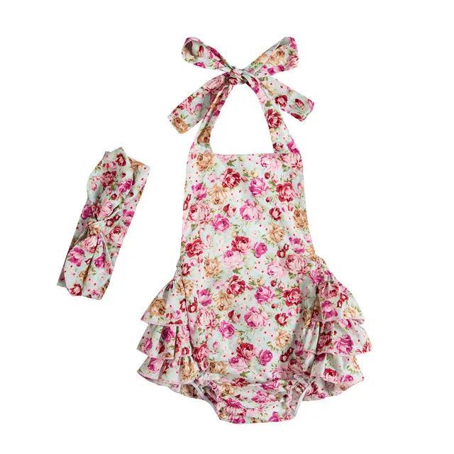 Cute Summer Sleeveless Baby Girls Clothes Halter Bodysuit Jumpsuit Cotton Romper With Headband