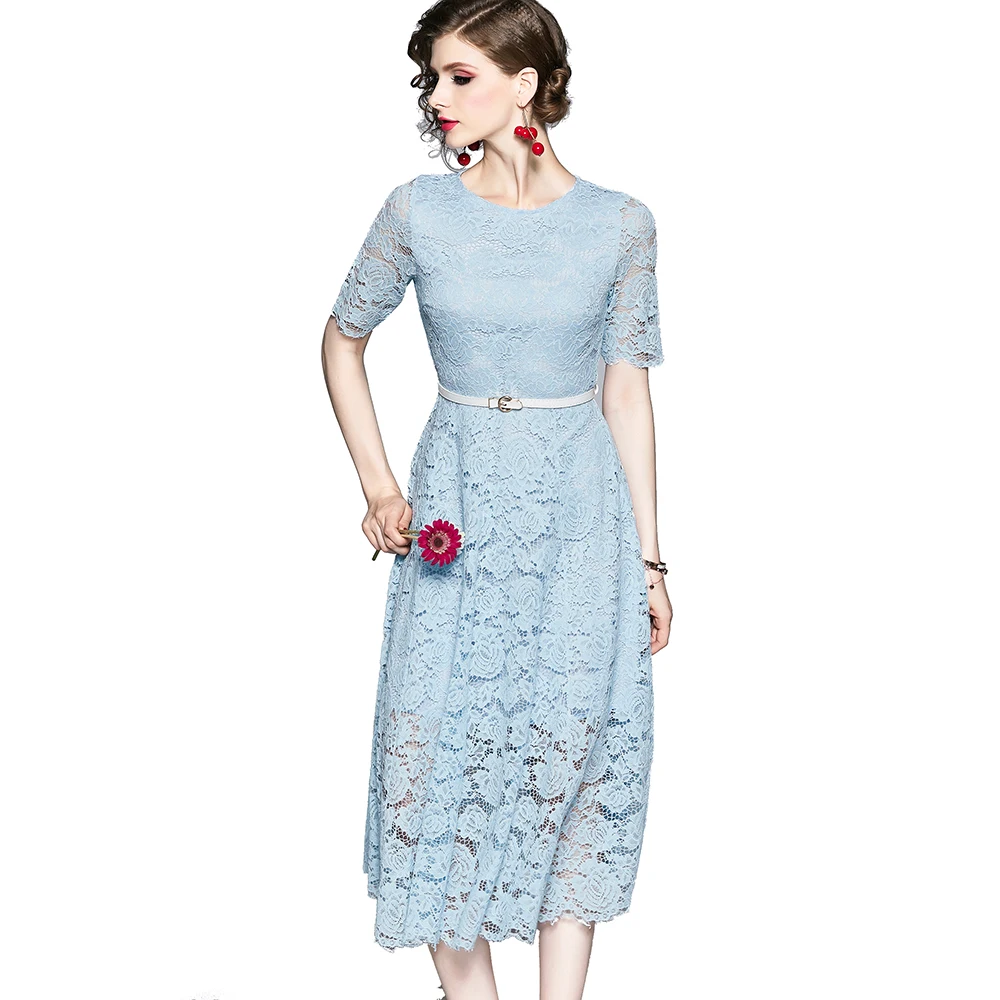 
Wholesale New Arrival O Neck Short Sleeve Belt included Blue and White Medium Long A Line Crochet Lace Dress 