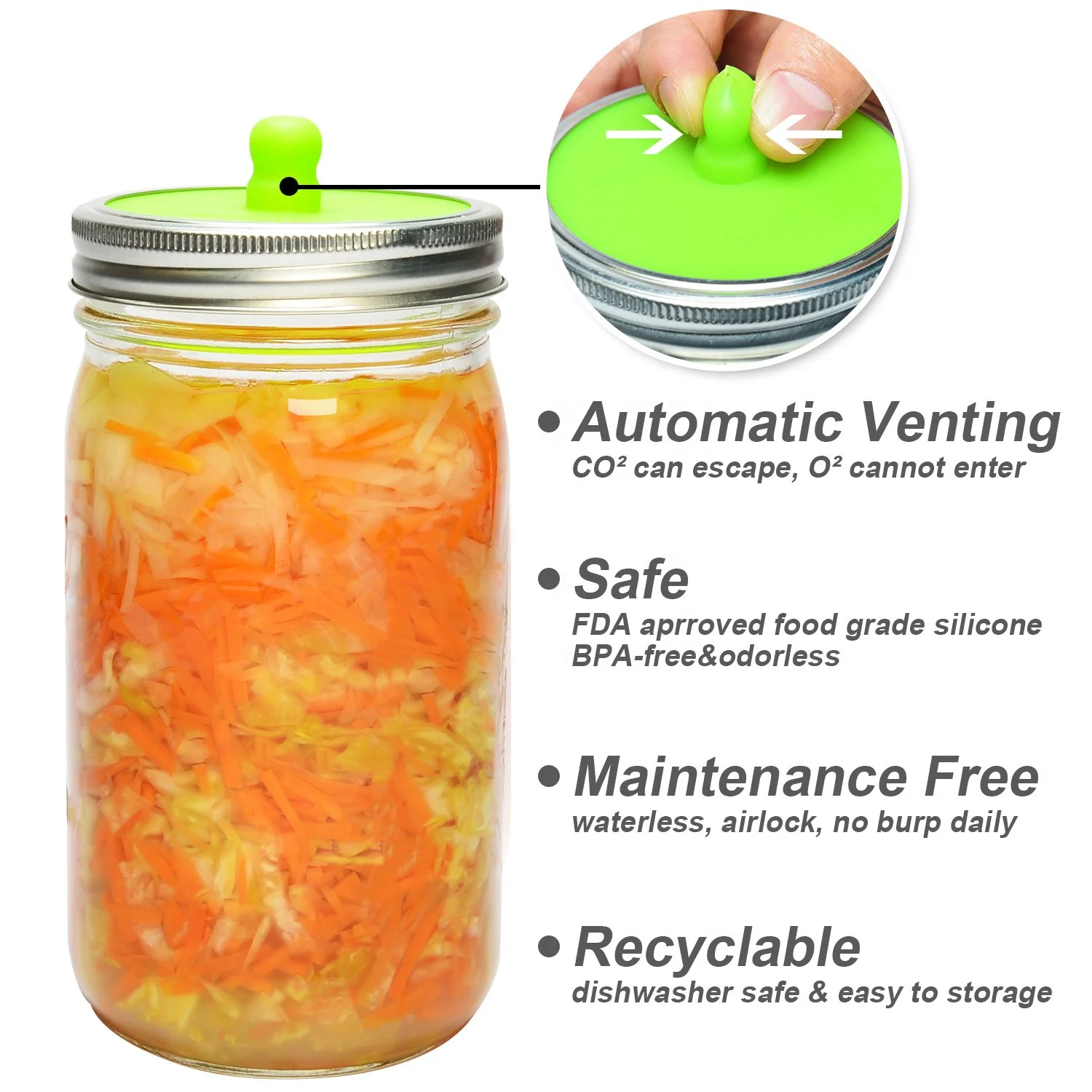 Waterless Silicone Airlock Fermentation Lids for Wide Mouth Mason Jars, Easy Fermenting Lids for Sauerkraut, Kimchi