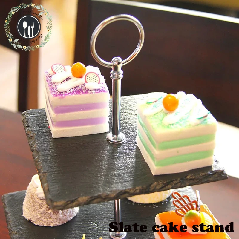 food grade natural stone 3 tier square slate cake stand for party