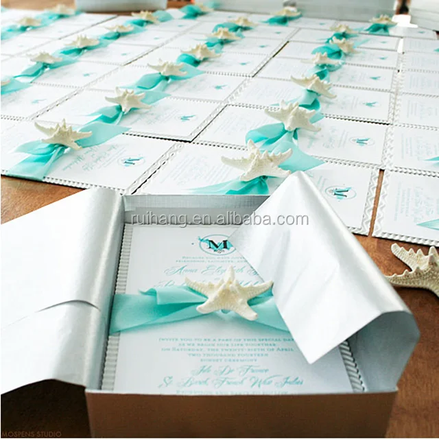 Hot sale beach white wedding invitations with blue ribbons & starfish